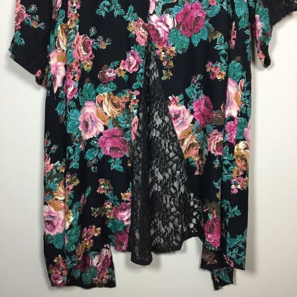 Black with flowers cover up lace floaty duster asymmetrical hem short sleeve XL - Picture 9 of 9
